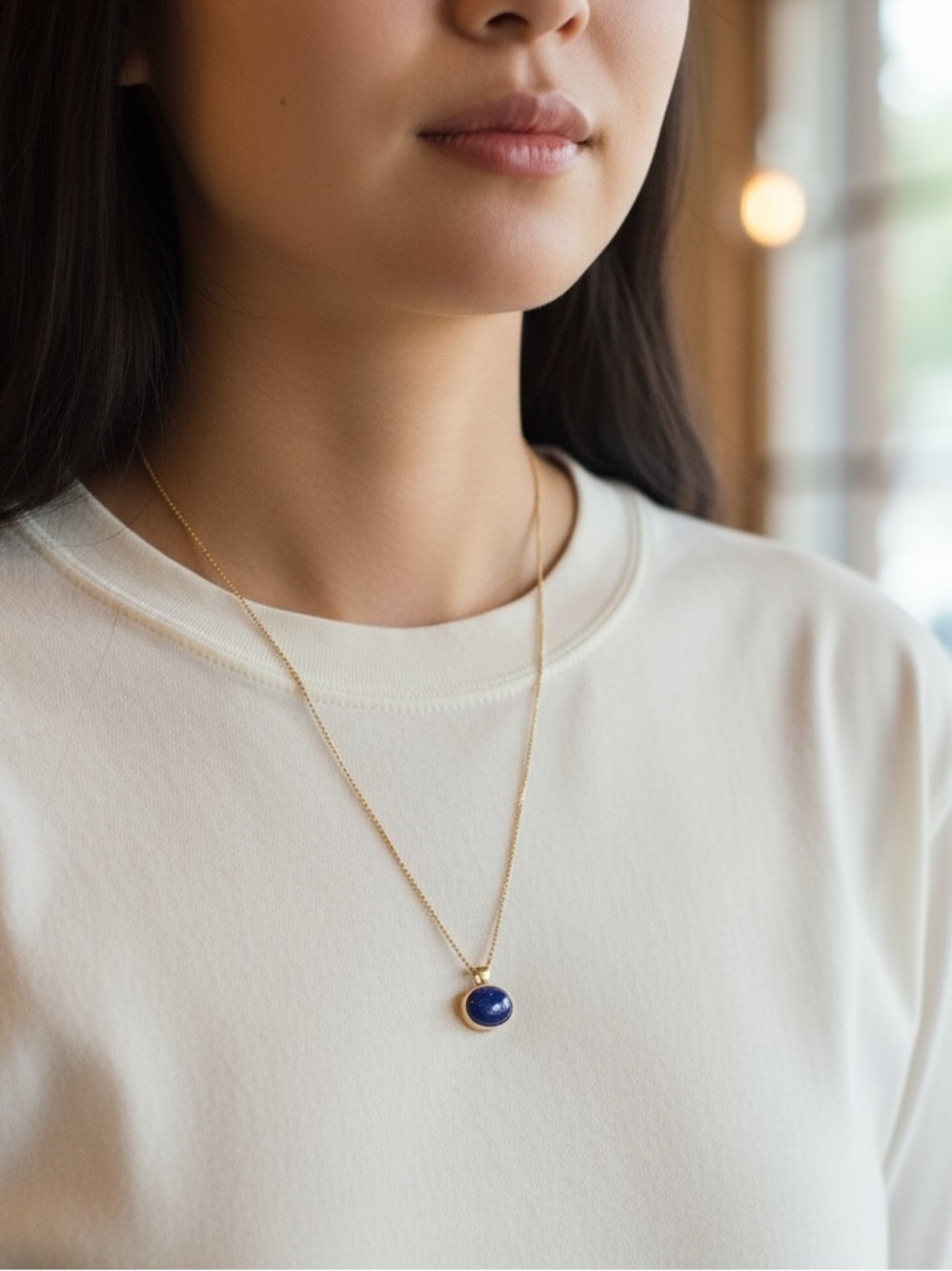 Zara Gold-Tone Chain with Deep Blue Oval Stone Pendant - Picture 6 of 6